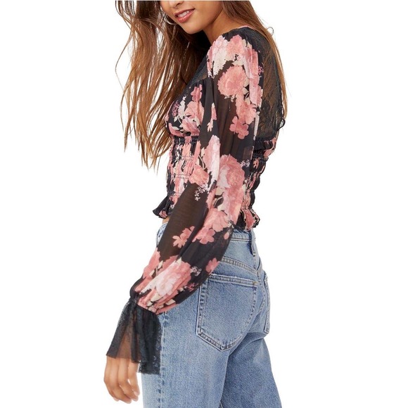 Free People Daphne Blouse Floral Print Lace Sheer Long Sleeve Blouse - Picture 3 of 12